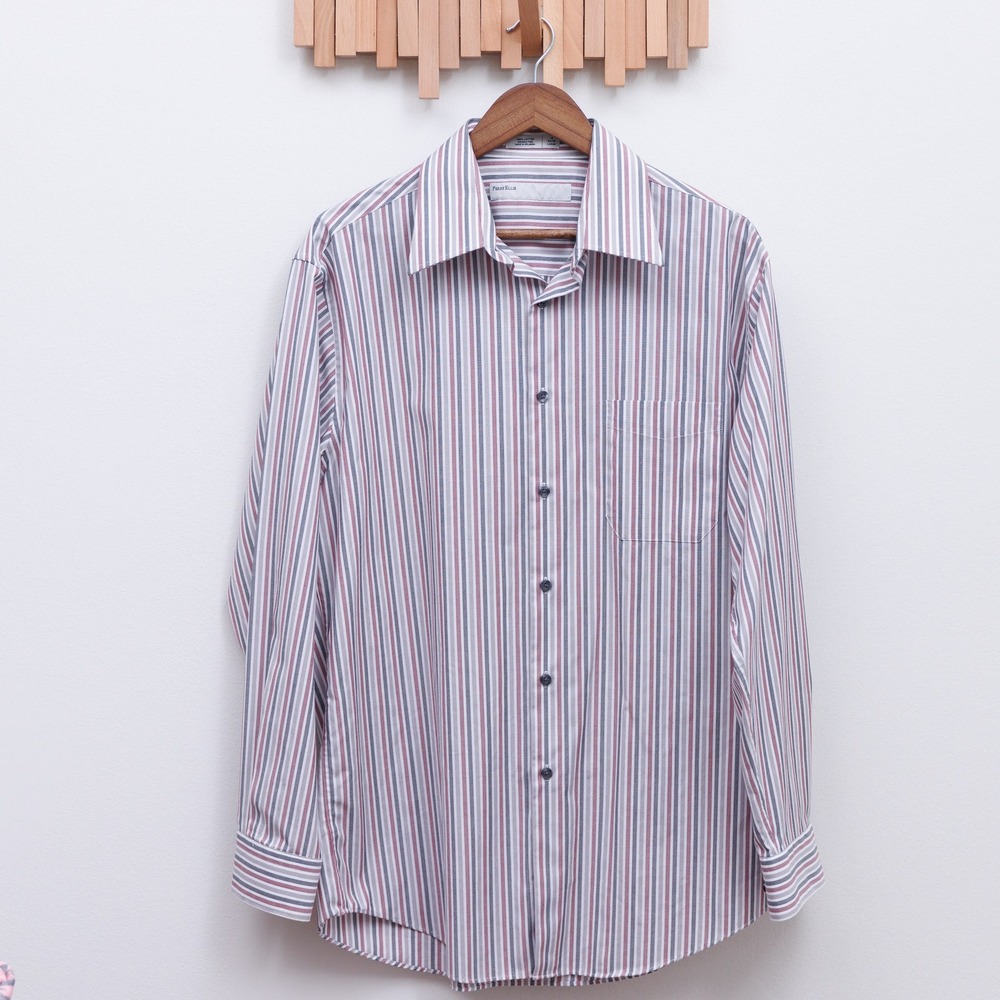Perry Ellis Mens Striped Button Down Shirt 16 34/35 Large Red Blue Wrinkle Free
